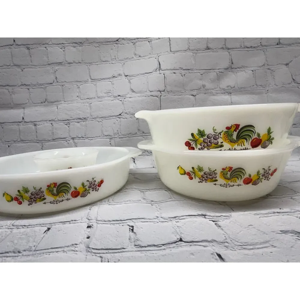 Fire‑King Milk Glass Bowl and Baking Dish Set – Rooster & Fruit Pattern Vintage